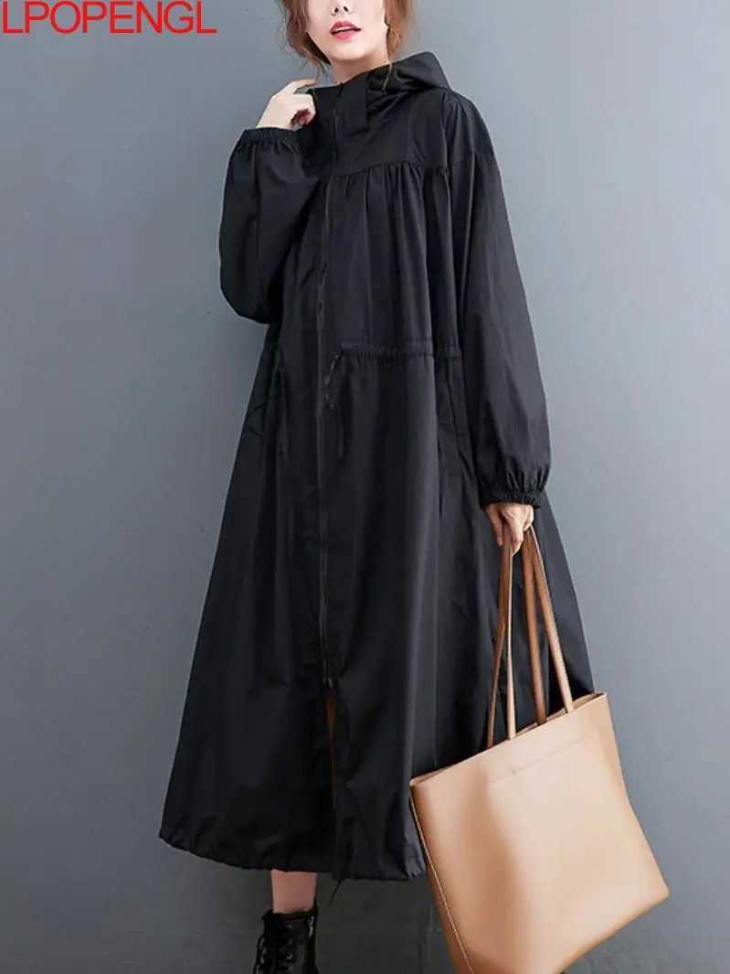Windbreaker Womens Trench Coat 2023 New Autumn Oversized Black Casual British Style Fashion Hooded Mid-length CoatX240921
