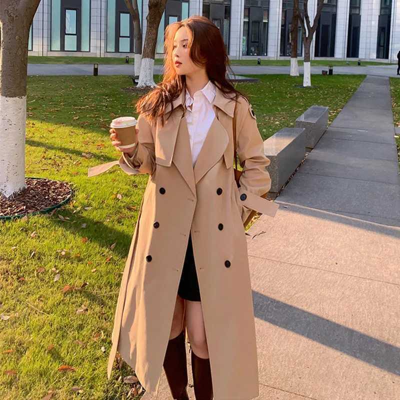 Streetwear Loose Trench Coat Midi Length Fashion Korean Elegant Khaki Black Womens Windbreaker Coat Casual Double Breasted TopsX240921