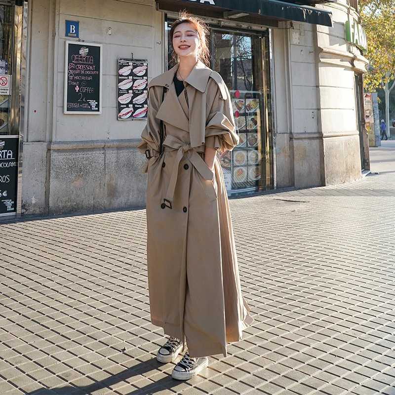 Korean Style Loose Oversized X-Long Womens Trench Coat Double-Breasted Belted Lady Cloak Windbreaker Spring Fall Outerwear GreyX240921