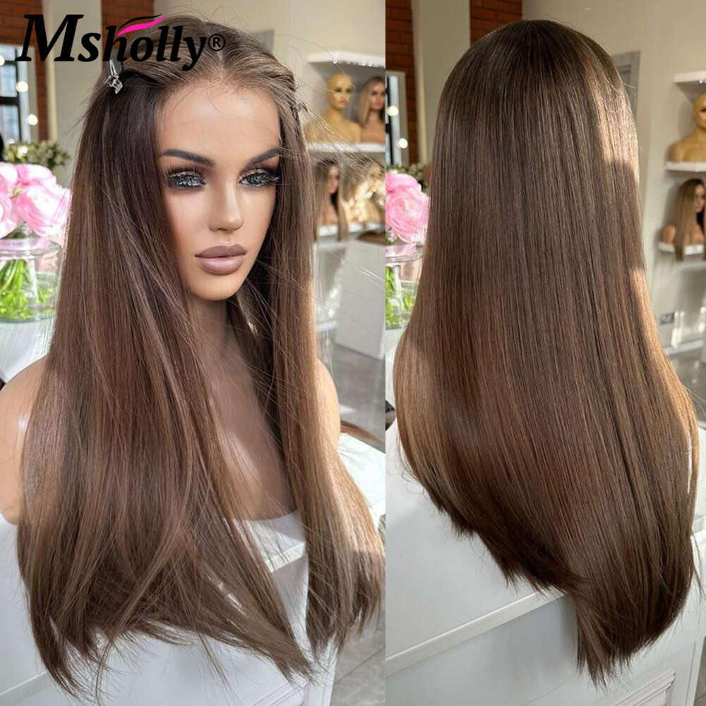 Highlight Chocolate Brown 13x4 Lace Front Bone Straight Preplucked Human Hair Wig Brazilian Colored Remy Wigs