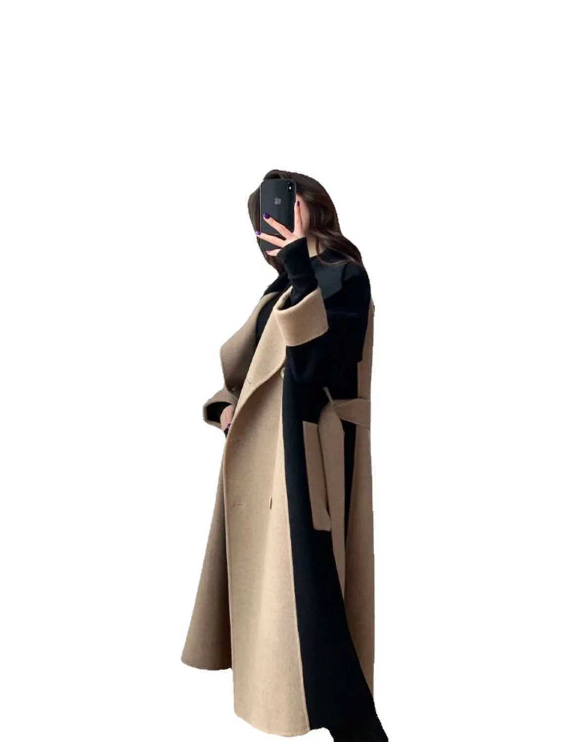 Womens Woolen Long Overcoat With Belt Spring Autumn New Double Sided Fleece Wool Color Matching Style Slim Splicing CoatX240921