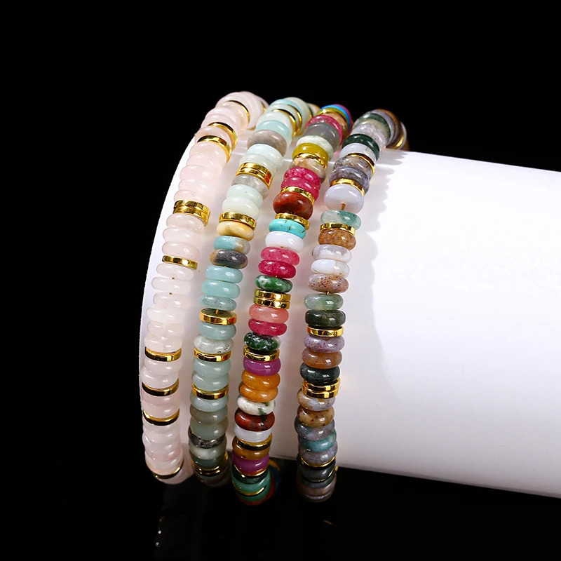JD Natural Stone Pink Quartz India Agate Flat Round Spacer Bead Stainless Steel Bracelet Women Trendy Healing Adjustable Jewerly 240919