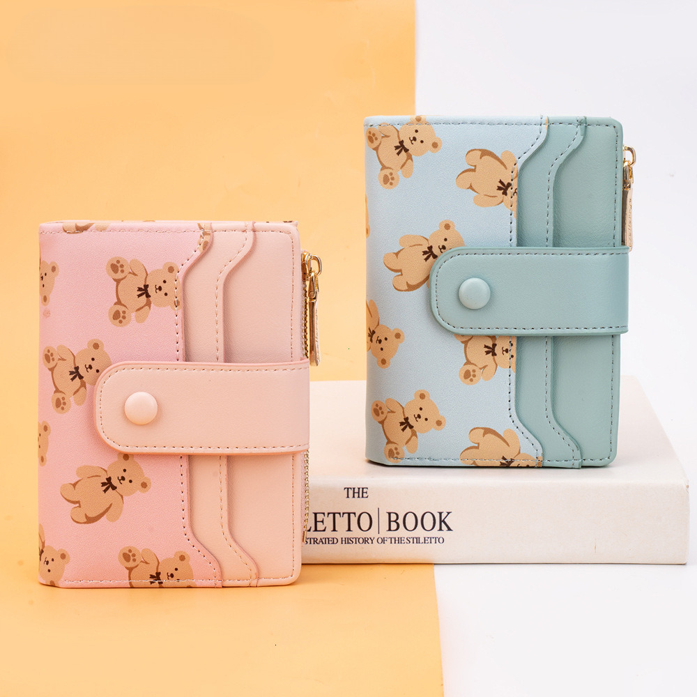 2024 New Designer Women's Short Wallet PU Leather Women's Double Fold Wallet Cute Bear Card Girl Small Zipper Wallet with Coin Wallet Free S