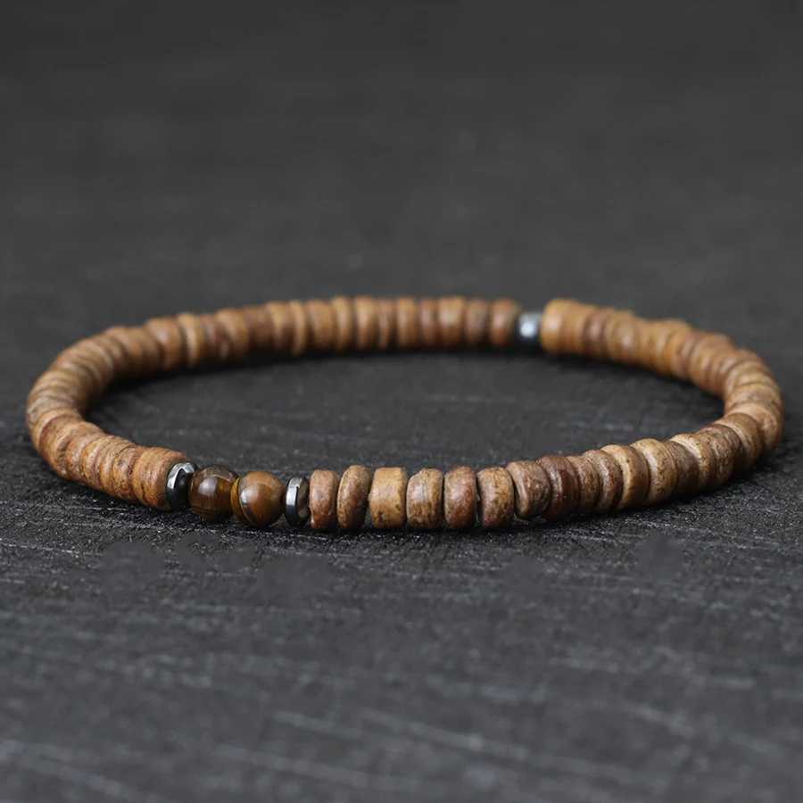 Noter New 4mm Men Natural Coconut Bead Bracelet Vintage Meditation Wooden Braclet Healing Braslet Tiger Eyes Stone Pulsera HommeX240921
