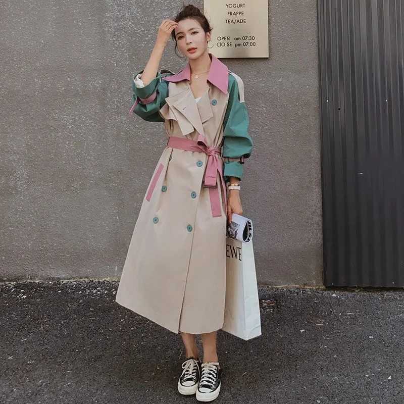 2023 Spring Fall Korean Patchwork Color Women Mid-length Trench Coat With Belt Double-Breasted Lady Windbreaker Female OuterwearX240921