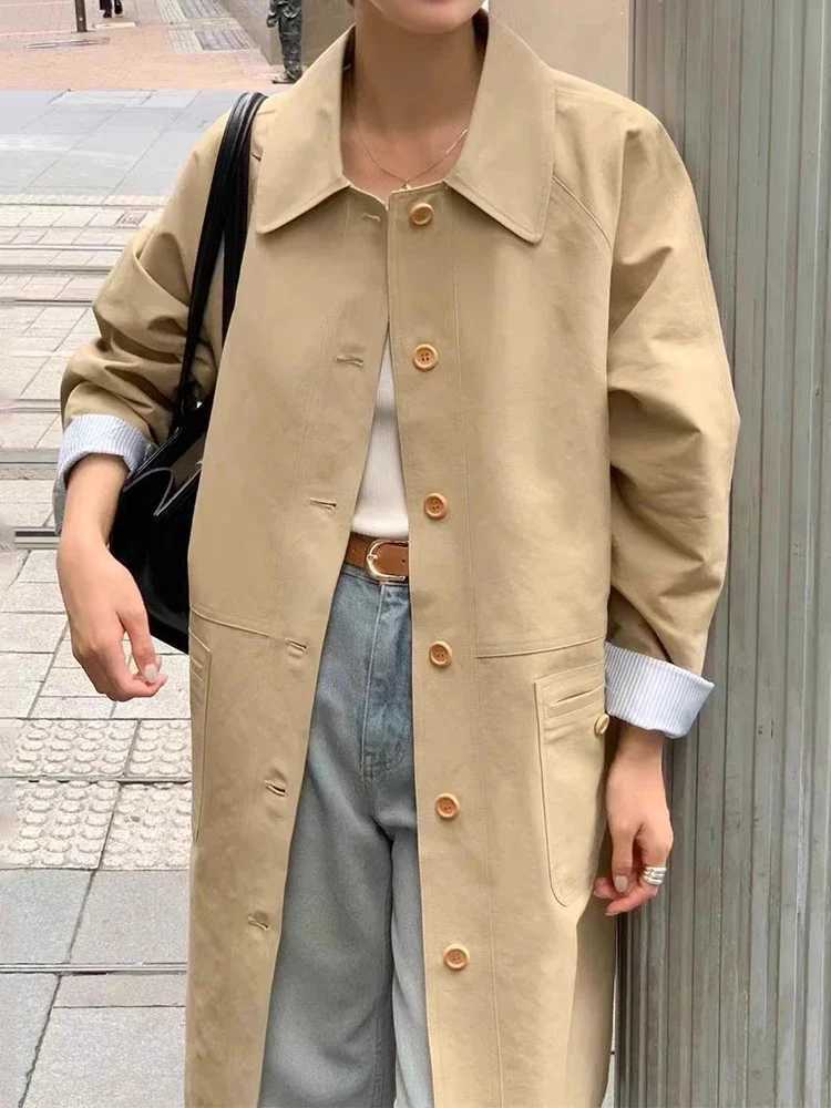 Gagarich Korean Chic Autumn Retro Simple Single Breasted Large Pocket Loose Casual Mid To Long Sleeved Trench Coat WomenX240921
