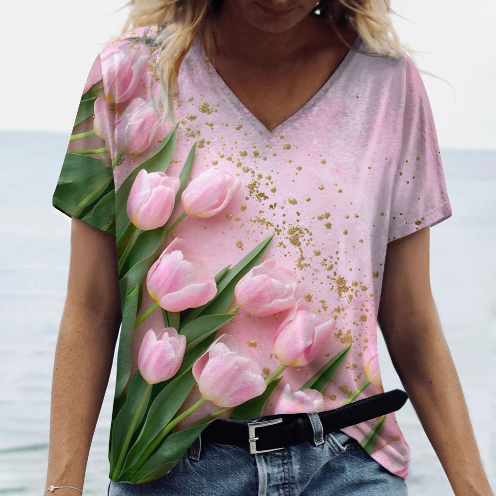 2024 new designer fashionable tulip 3D printed summer casual V-neck shirt retro women's plus size top free shipping