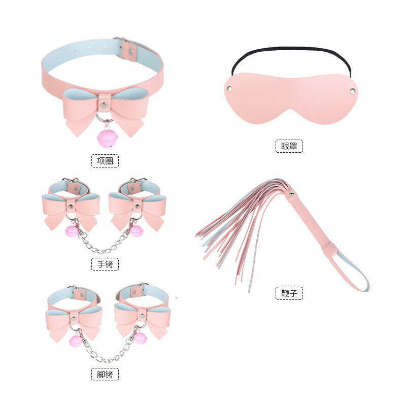 SM Prop Set 5-piece Bow Sex Collar Female Slave Training Bell Handcuffs Macaron SM Leather Whip