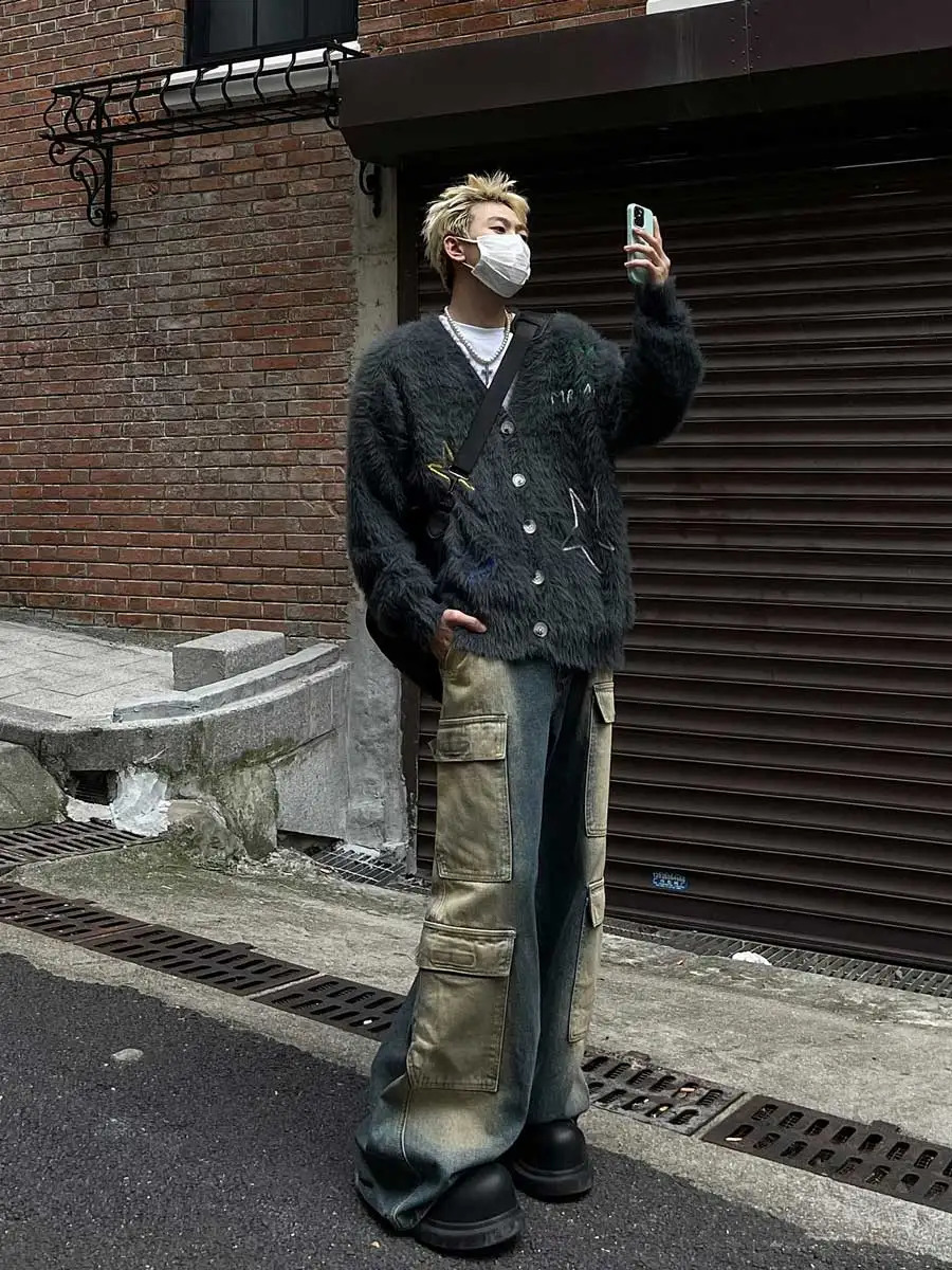 REDDACHiC Men Braided Star Mohair Sweater Jacket Gray V-neck Long Sleeves Knitted Cardigan Y2k Vintage Casual Autumn Winter Coat 240912