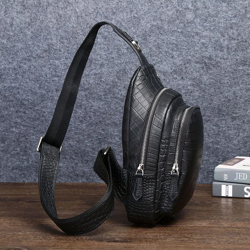 High quality genuine denim leather mens chest bag chiffon outdoor fashion black 240919