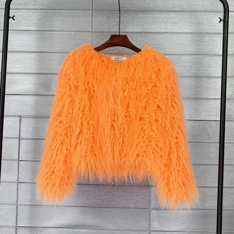 Pink Faux Fur Coat Women Clothing O-Neck Plush Jacket Winter Coat Female Overcoat Long Sleeve Fluffy Jacket Teddy Outerwears 240911