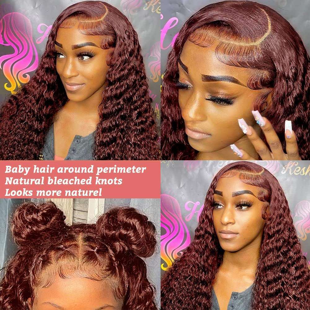Reddish Deep 13x4 HD Transparent Curly Front Human Hair for Girls Chocolate Brown Lace Frontal Wig