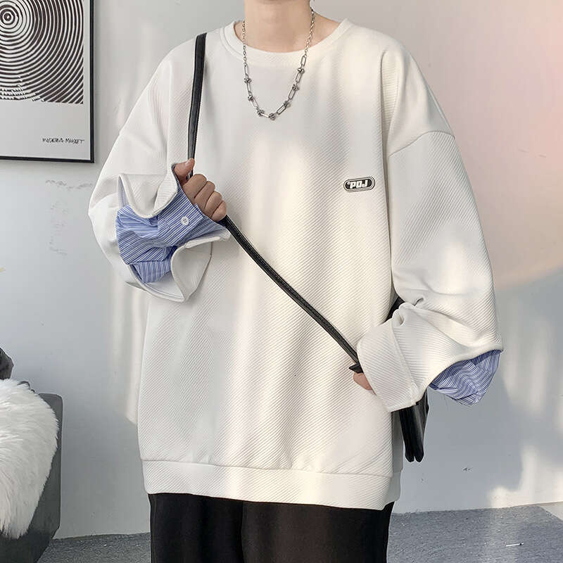 2024 Trendy Round Neck Label Hoodie Men's Spring Large Retro Striped Shirt Sleeve Splicing Top
