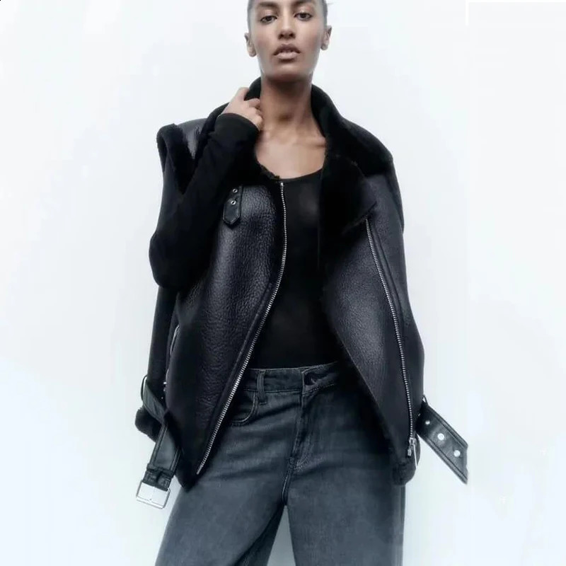 Y2K Autumn Winter Womens Sheepskin Vest Faux Suede Sleeveless Vest Coat Cotton Bomber Coat Female Fur Leather Jacket 240919