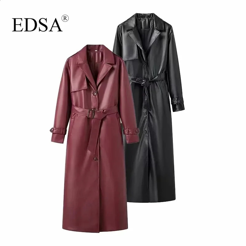 EDSA Women Faux Leather Jacket Coat with Belt for Autumn Winter Loose Long Windbreaker Trench Vintage Outerwear 240918