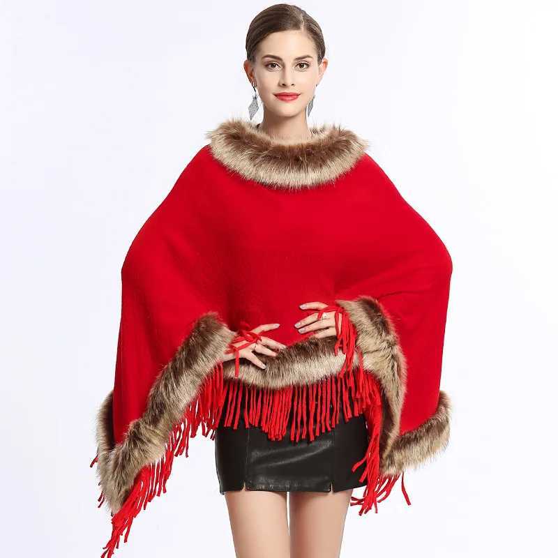 Fashionable fully decorated artificial raccoon fur with tapered corners loose and thin knitted rain cape womens spring and autumn shawl bag W240921