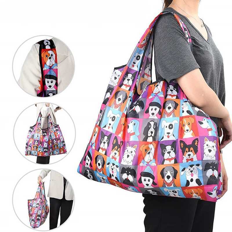 Foldable Shopping Bag Reusable Travel Grocery Bag Eco-Friendly Cute Animal Printing Supermarket Tote Bag Z250224