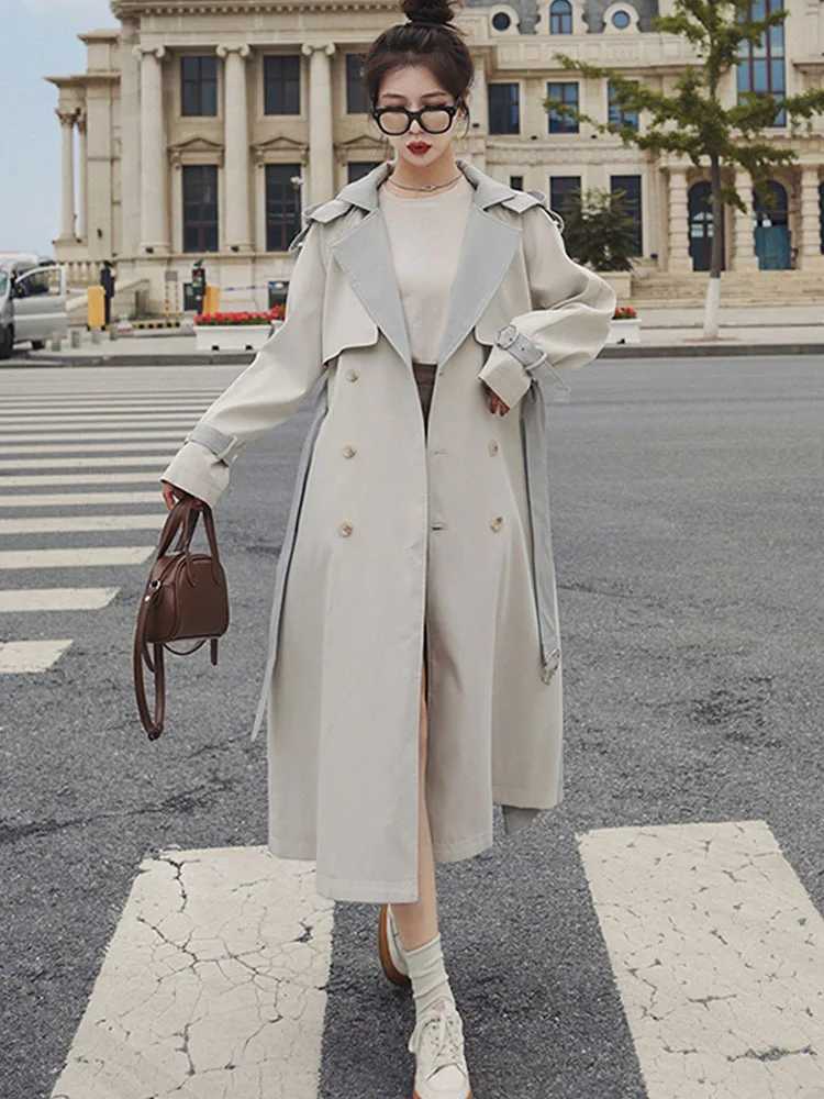 Hit Colors Long Trench Coat Women Spring Autumn New Long sleeve Double breasted Sashes Windbreaker Overcoat Women ClothesX240921
