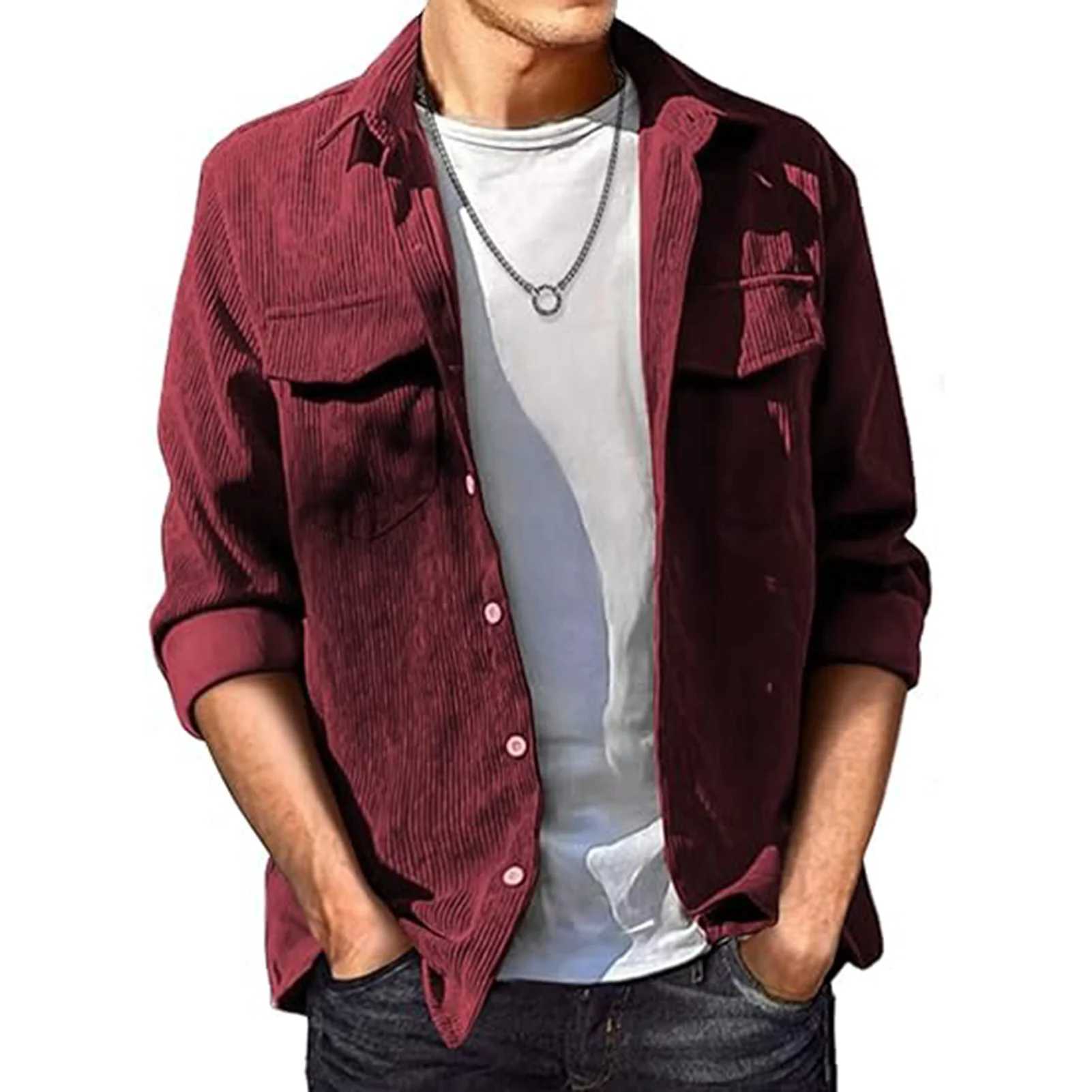 Mens Corduroy Button Down Shirts Long Sleeves Classic Corduroy Shirt Jacket for Friends Gathering Wear M240921