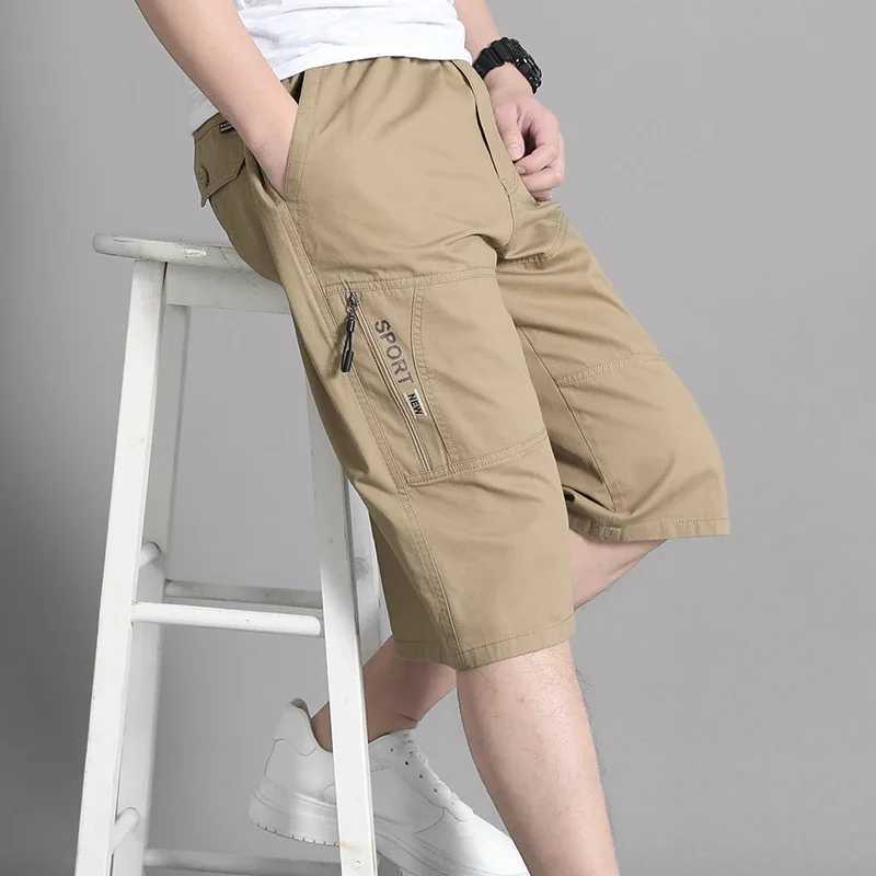 Mens Cargo Shorts Knee Pants Zipper Pocket Summer Cotton Shorts Climbing Jogger Elastic Waist Sports WearX240921