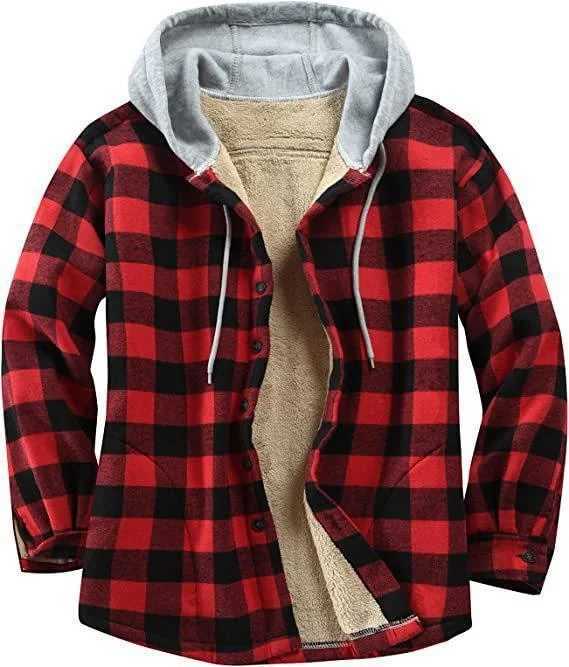 Mens Winter Flannel Plaid Coats Jackets Long Sleeve Hooded Plush Coat Loose Fleece Lined Wool Thick Warm Jackets Overwear M240921