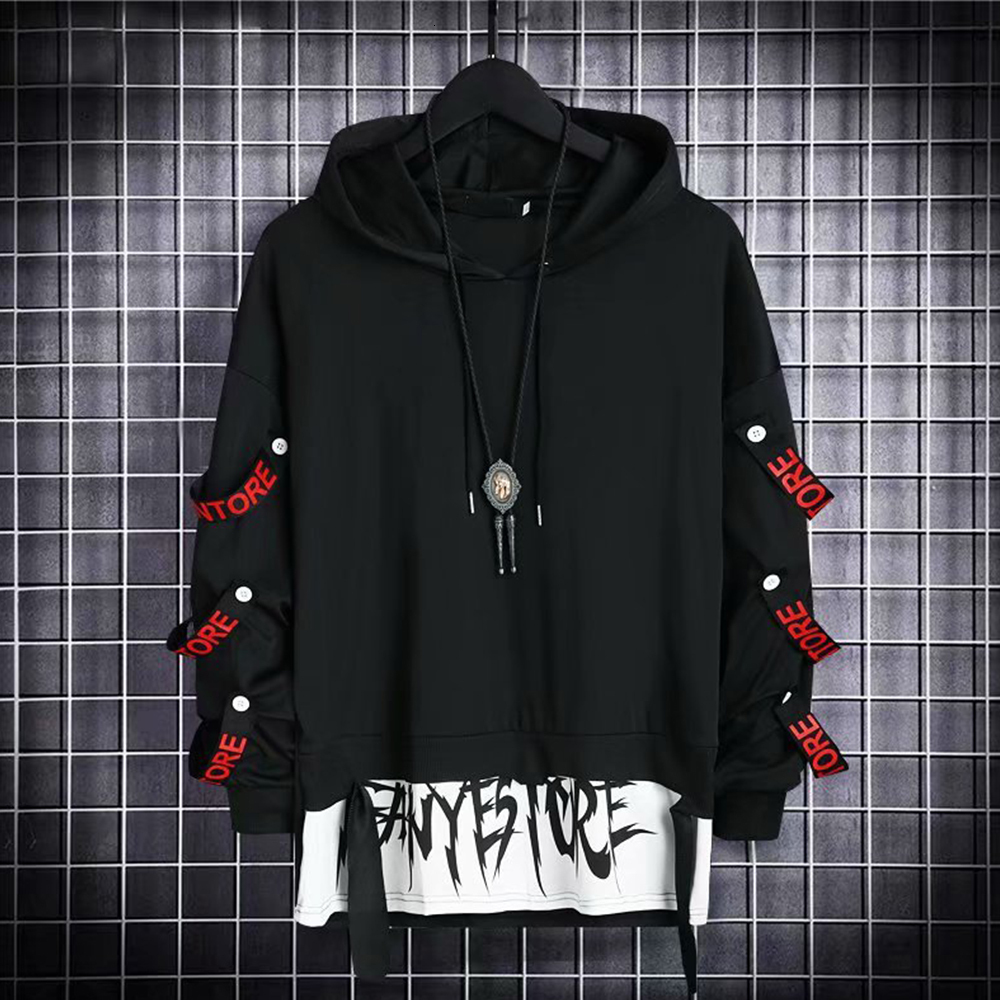 Men's Hoodie Sweatshirt Casual Black Hoodies Tops Techwear Hip Hop Haruku Patchwork Japanese Streetwear Men With Streamers Top