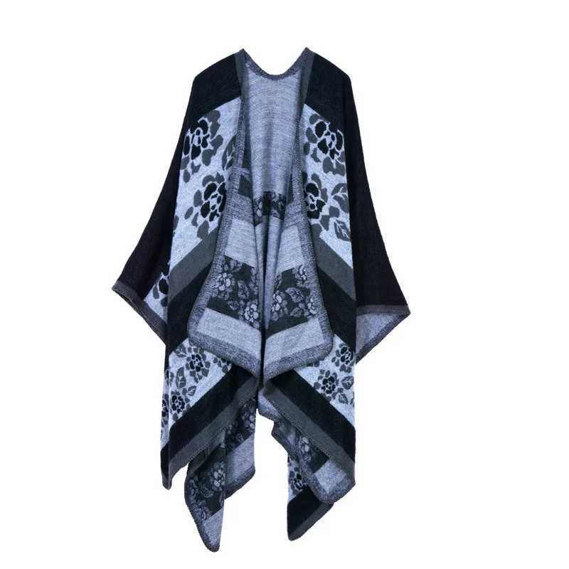 Autumn and winter checkered womens travel shawl imitates cashmere European ethnic style forked thick cloak raincoat shawl W240921