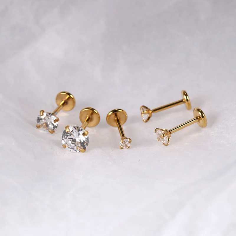 New Push-in Labret Lip Rings Nose Studs Cartilage Earrings Gold Color 316L Surgical Steel Zircon Crystal Anti-allergic Jewelry Y240921