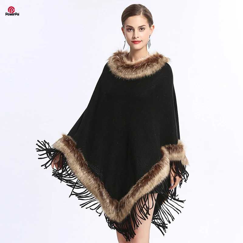 Fashionable fully decorated artificial raccoon fur with tapered corners loose and thin knitted rain cape womens spring and autumn shawl bag W240921