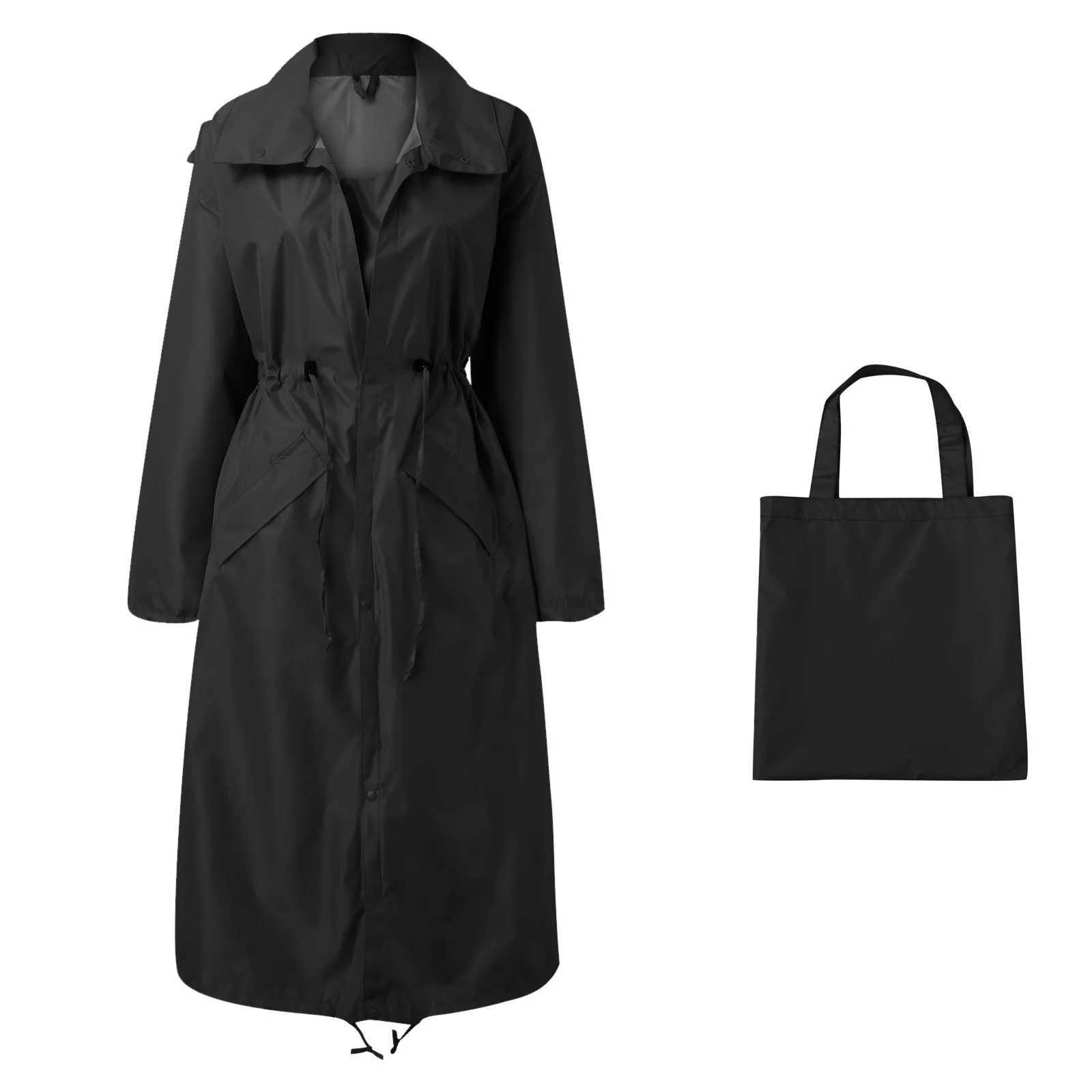2 Pcs Womens Windbreaker With Bag Autumn And Winter Waterproof Windproof Trench Coat Lapel Drawstring Long Fashion RaincoatX240921