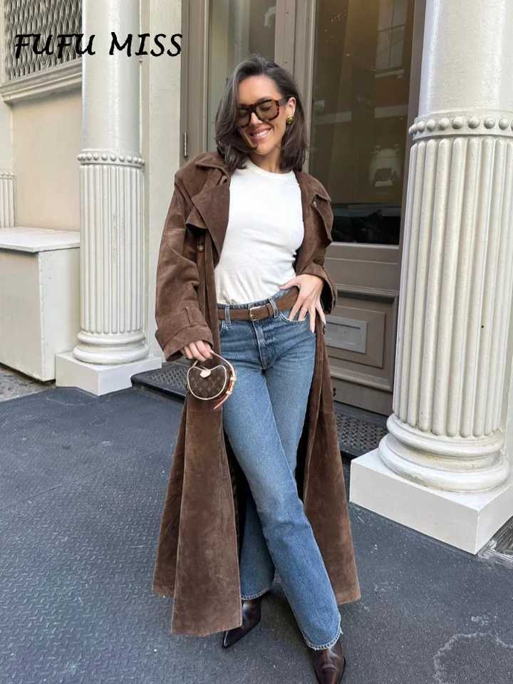 Vintage Khaki Suede Long Coat For Women Belt Lapel Long Sleeve Double-breasted Overcoat 2024 Autumn Lady High Street OutwearsX240921