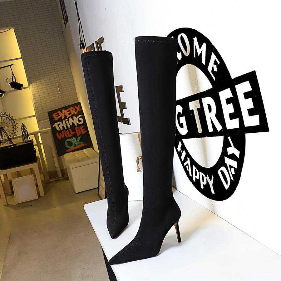 CMM Winter Fashion Simple Thin Heel High Heel Slender Slim Tapered Suede Knee High Boots