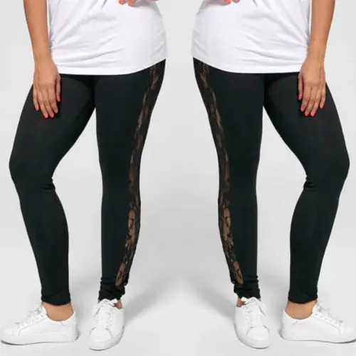 Yoga Outfit L-3Xl Plus Womens Size Trouser Fashion Casual Black Weight Loss High Waist Lace Work Patch See Through Legging Pants 2024 H240921