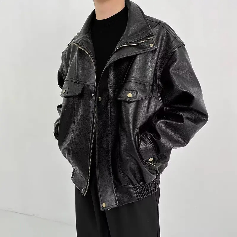 Thick black Pu leather jacket for womens bomber in spring and autumn oversized windproof zipper er motorcycle unisex 240921