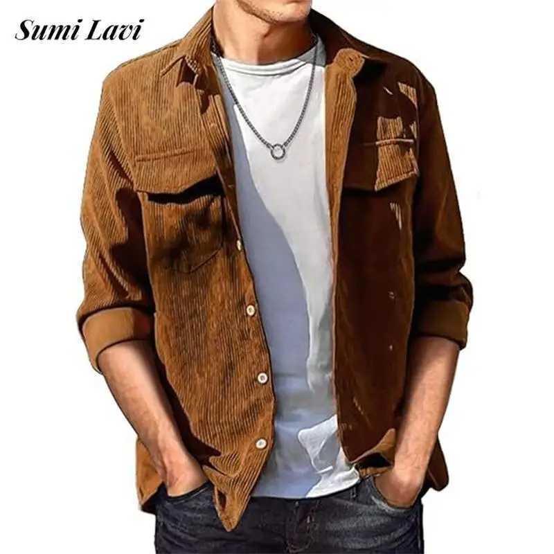 Autumn Daily Casual Solid Color Mens Shirt Corduroy Ribbed Long Sleeve Shirts For Men Vintage Button Turn-down Collar Shirt M240921