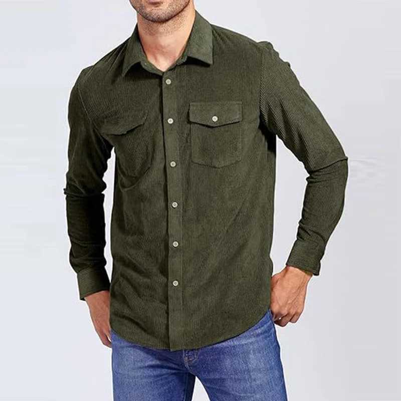 Autumn Daily Casual Solid Color Mens Shirt Corduroy Ribbed Long Sleeve Shirts For Men Vintage Button Turn-down Collar Shirt M240921