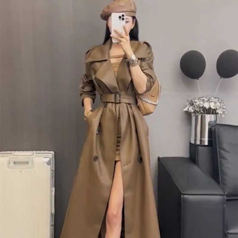 Autumn Elegant Belted Trench Coats Women PU Leather Jacket Long Windbreaker Vintage Waterproof Jackets Spring Fashion OuterwearX240921