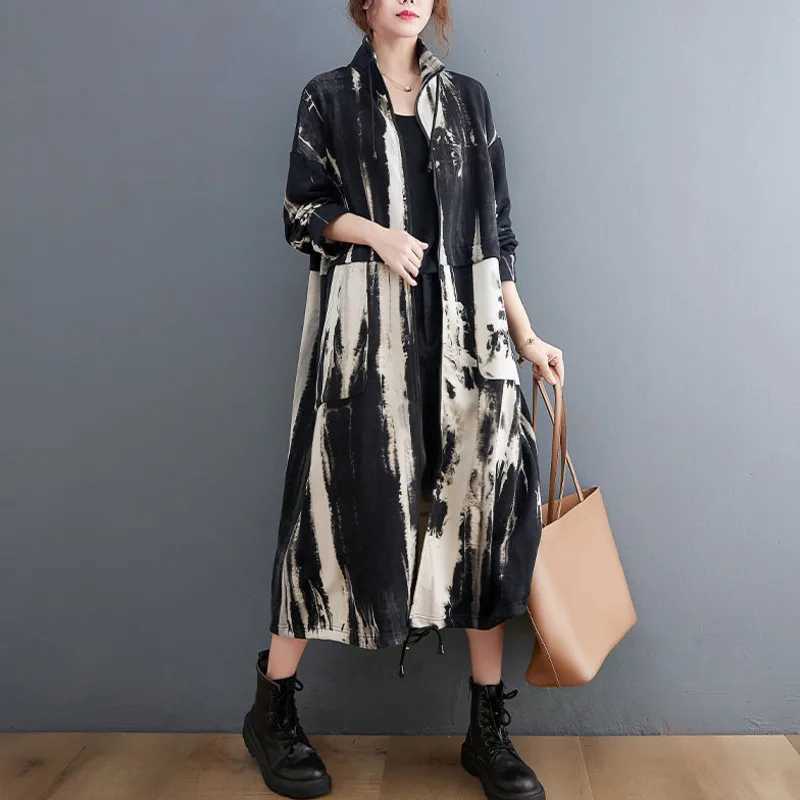 #3707 Tie Dye Printed Trench Coat Women Loose Stand Collar Windbreaker Coat Ladies Pockets Vintage Long Trenchcoat Female ZipperX240921