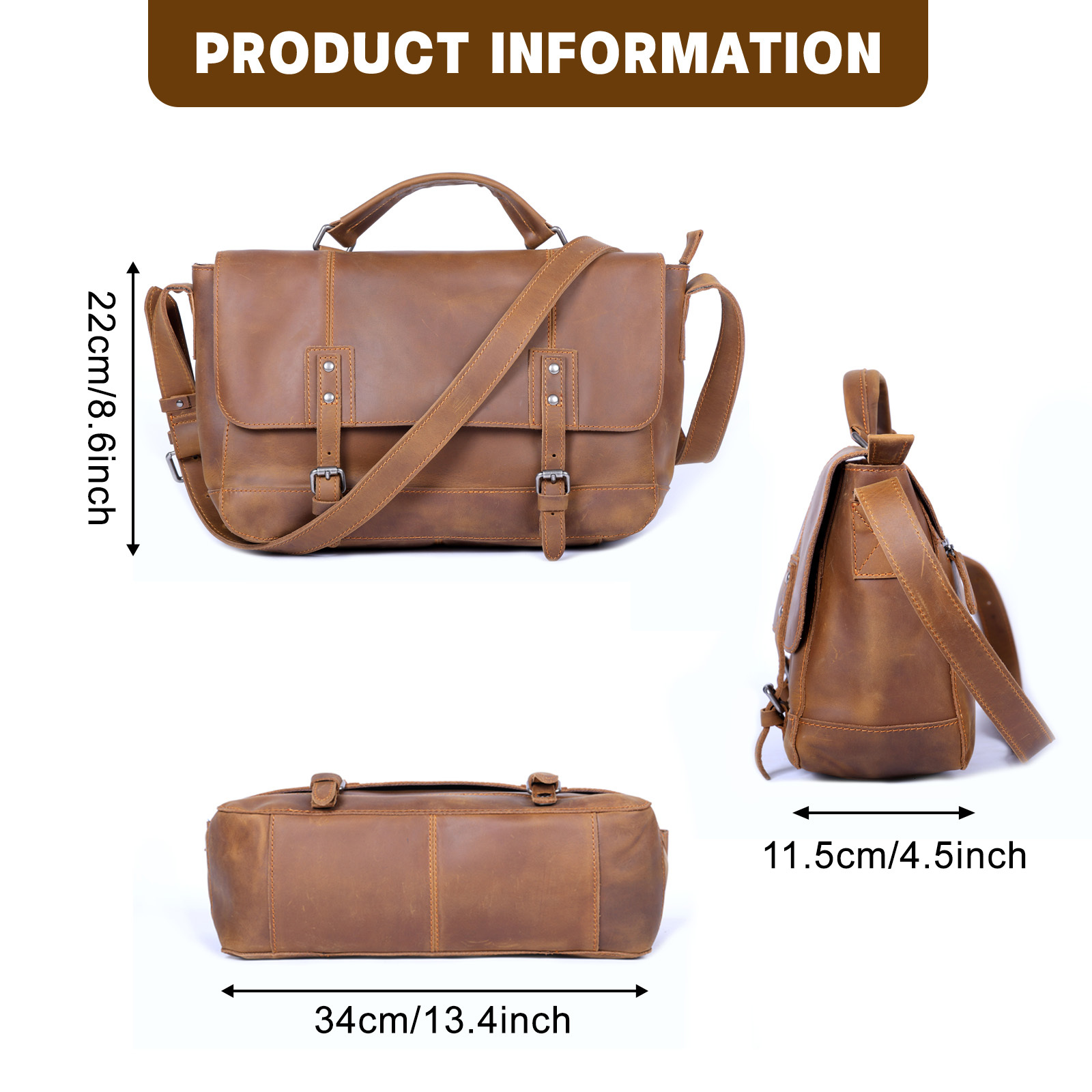 Vintage Genuine 13" Messenger Men's Crossbody Bags Crazy Horse Leather Shoulder Bag Women's Cowhide Retro Casual Pre