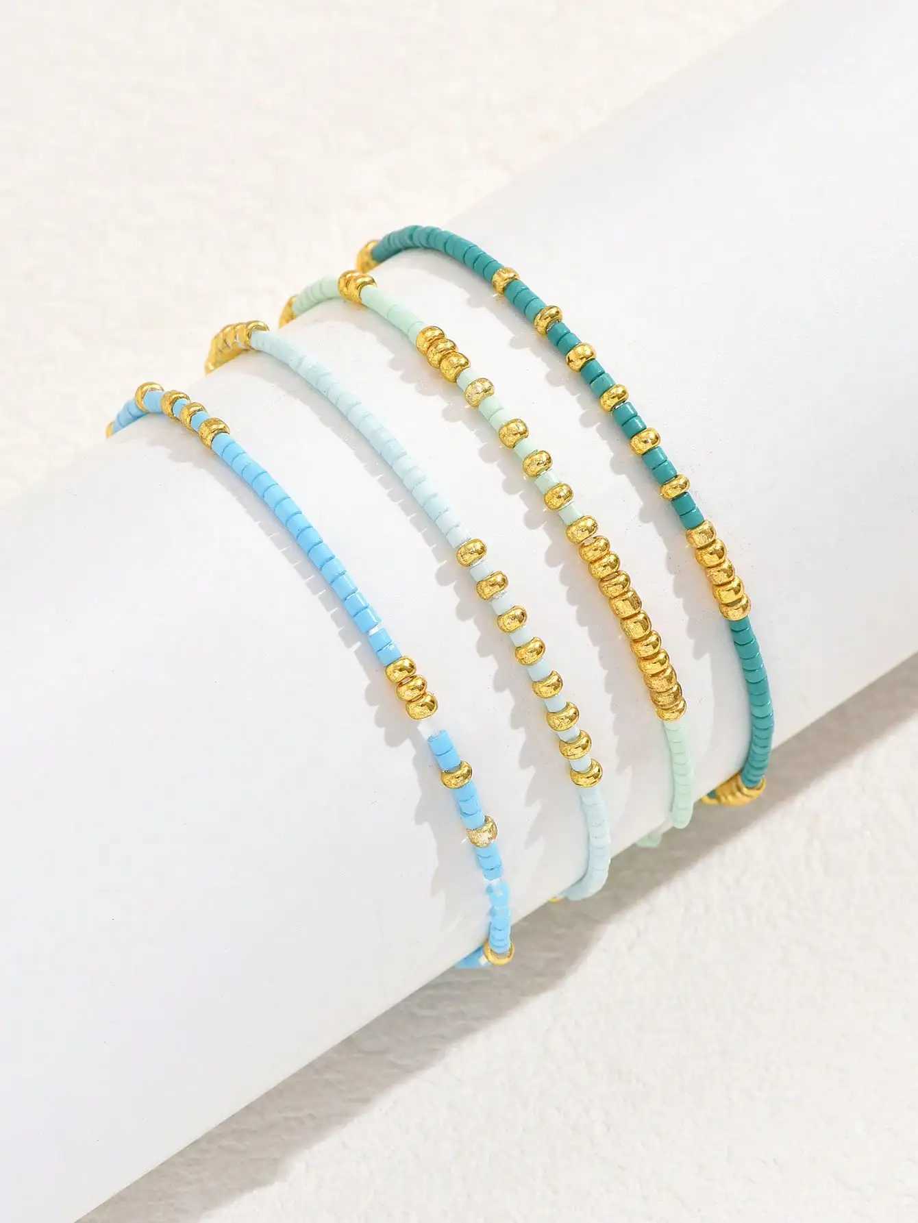 4 PCS Beads Stretch Bracelet Set Bohemia Gold Color Glassbeads Elastic Handmade Girls Vacation JewelryX240921