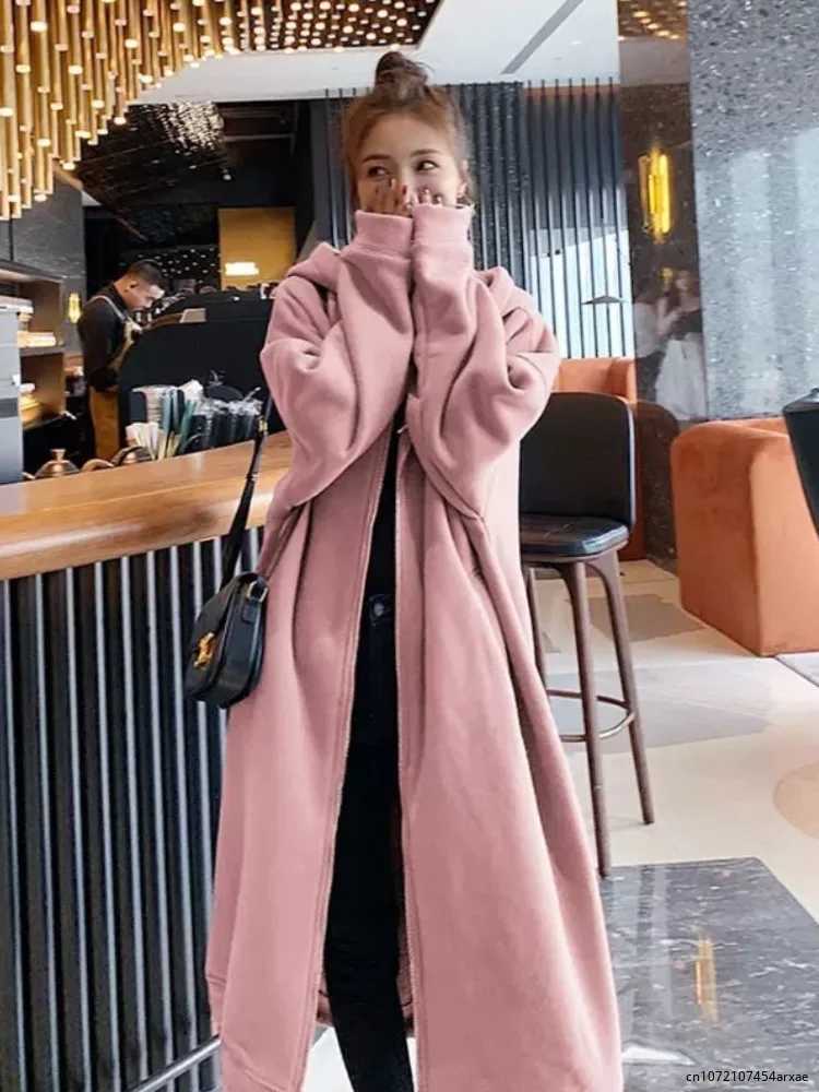 2023 Autumn Winter Women Long Trench Coat Office Lady Casual Zipper Outwear Long Sleeve Jackets Hooded Maxi DressX240921