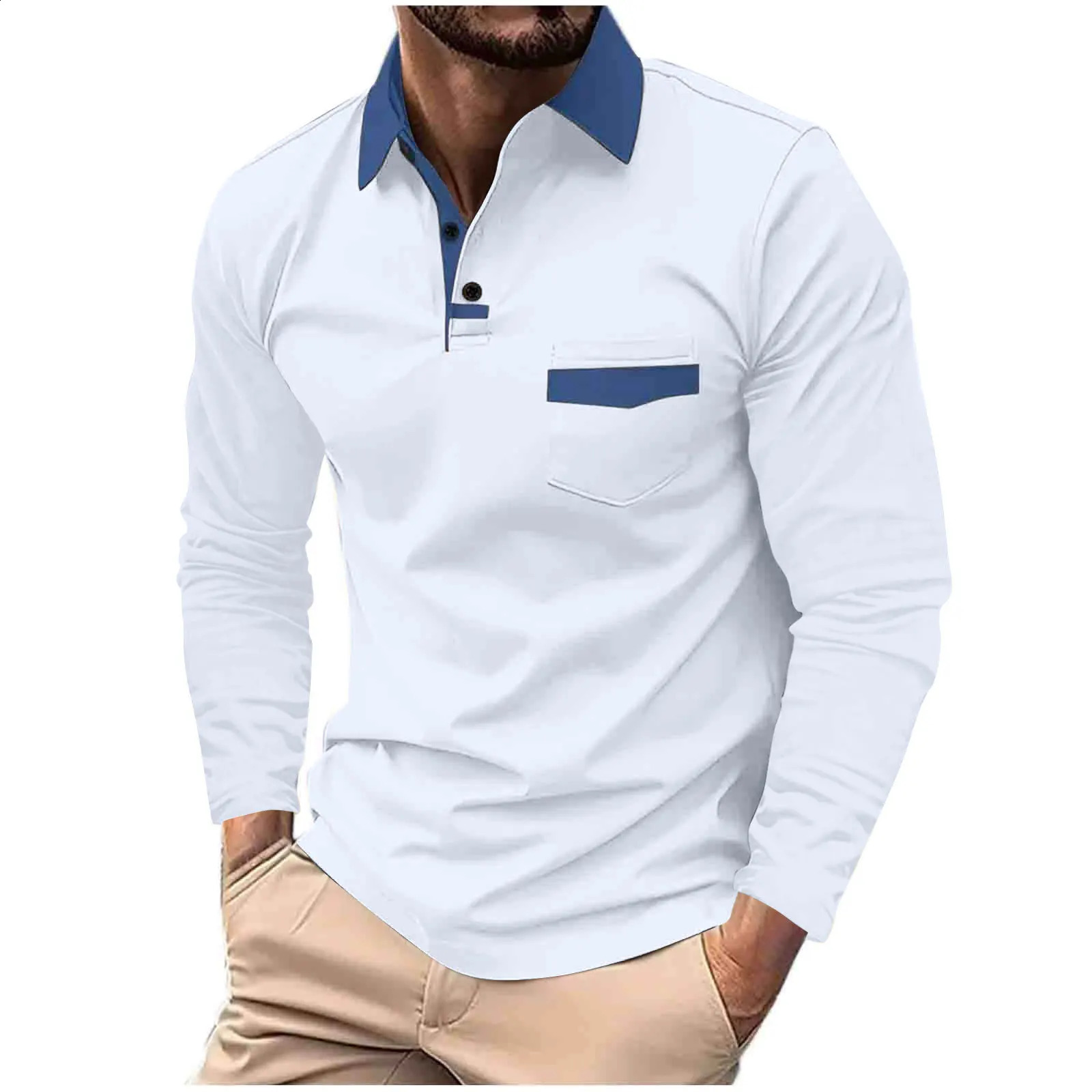 2024 Spring and Fall leisure business POLO shirt chest pocket mens lapel long-sleeved polo shirt 240914