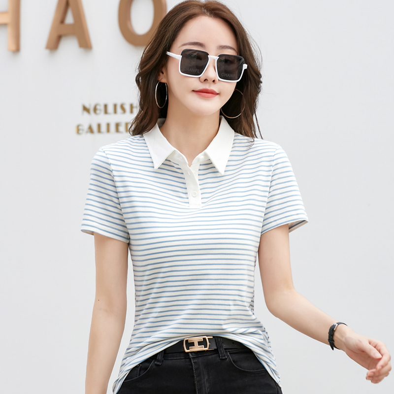 Korean style short sleeved polo shirt, cotton elastic fashionable summer top, elegant knitted striped women's T-shirt, free shipping