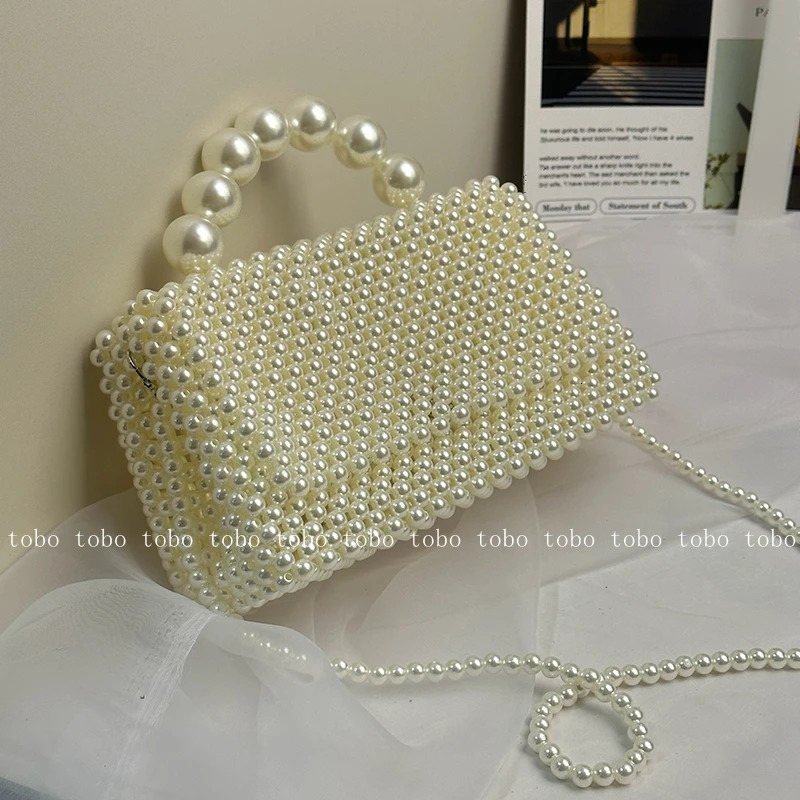 SHINE Pillow Comestic Pearl Beaded Box Long Belt Fashion Designer Crossbody Bags Unique Handle Ladies Vacation Travel Purses