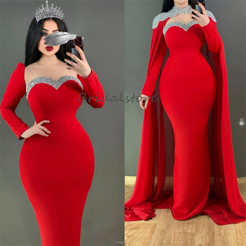 Arabian Abaya Dubai Evening Dress With Cape Elegant Mermaid Prom Dresses 2025 Sequined Long Sleeve Birthday Formal Occasion Morrocan Vestidos de noche