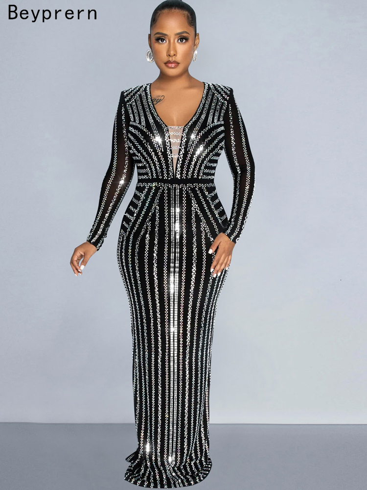 Beyprern Sparkle Sier Rhie Maxi Elegant Party Dresses For Women Crystal Long One-Piece Dress Gown Birthday Outfits