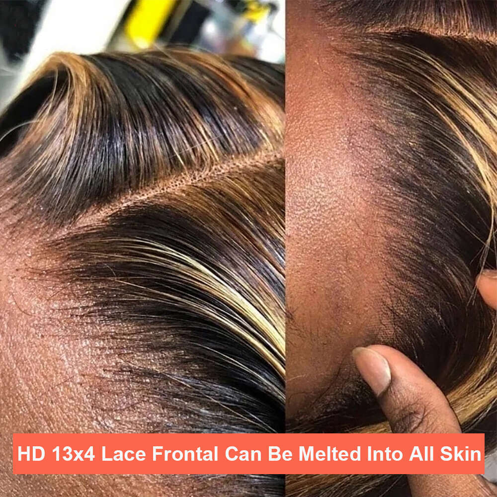 Straight Short 100% Highlight 13x4 Frontal Human Hair Wigs Bob Honey Blonde Ombre Brown Lace Front Wig