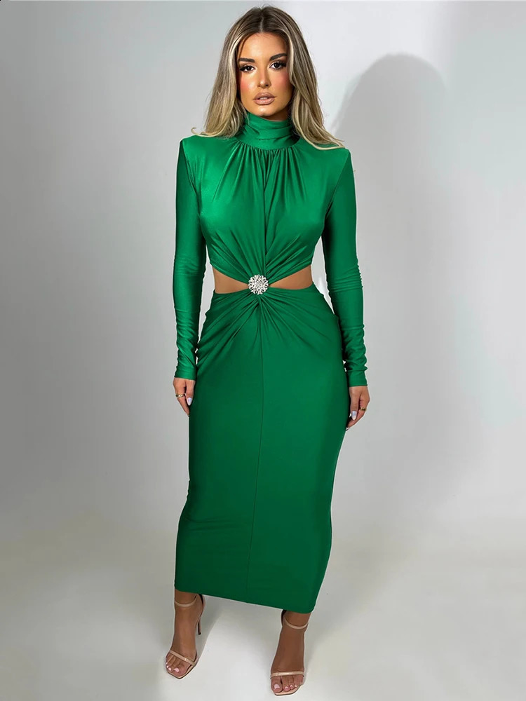 Mozision Elegant Hollow Sexy Womens Long Skirt Autumn Winter Turtle Neck Long Sleeve Bodycon Club Party Evening Dress 240921