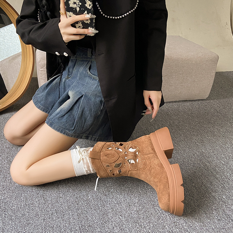 Women Fashion Hollow Design Martin Boots Leather Vintage Style Thick Sole Trendy Winter Shoes Triple Apricot Brown Free shipping 61a4