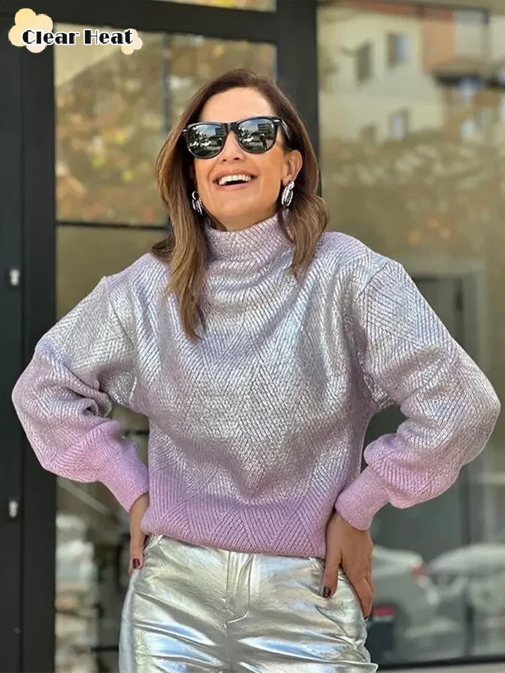 Shiny metal gradient knitted sweater suitable for womens elegant turtle neck long sleeves loose floral autumn Communicating knitting 240921
